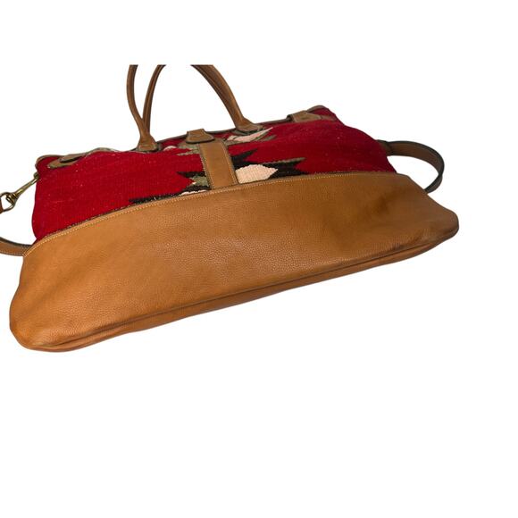 Large Artisan Wool Kilim Rug Leather Native Western Tote Overnight Market Bag - Picture 10 of 10